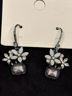 Crystal Floral Drop Earrings in White and Gray